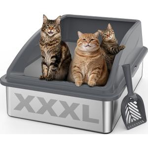 AIPERRO Stainless Steel Litter Box Extra Large for Big Cats and Multi-Cats | Jumbo Extra Large Metal Cat Box with High Sided Lid, Anti-Urine Leakage, Non-Stick,Include Litter Scoop (Dark Gray)