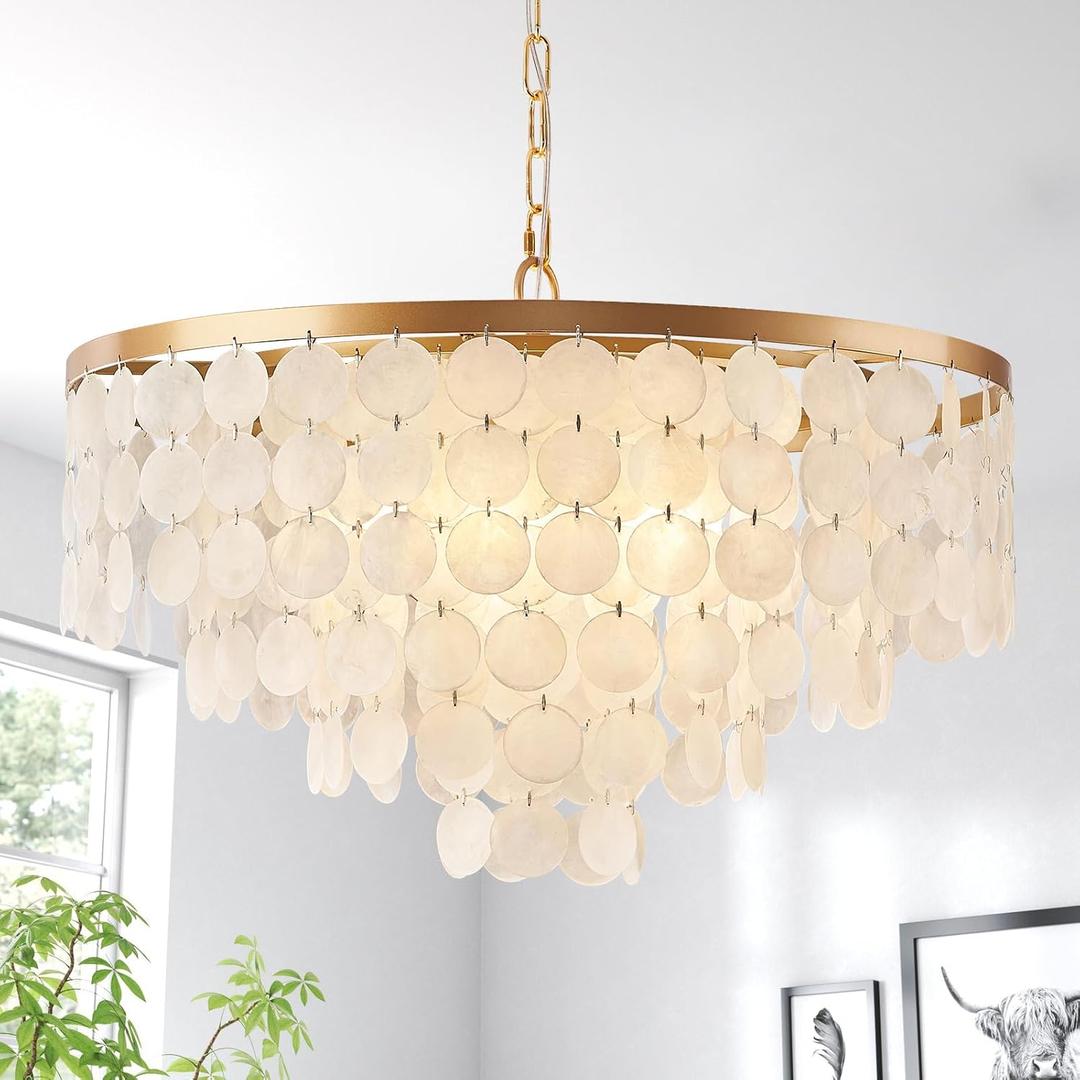 24" Capiz Shell Chandelier, 5 Light Gold Dining Room Light Fixture Modern Coastal Chandeliers for Bedroom Bathroom Kitchen and Foyer(White Seashell Lighting Fixtures), 24 inch Large