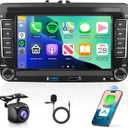 Android for VW Jetta Seat Passat Tiguan CC Golf Skoda Double Din Car Stereo with Wireless Carplay/Android Auto 7 Inch HD Touchscreen Head Unit GPS WiFi Bluetooth SWC FM Backup Camera Dual Mic