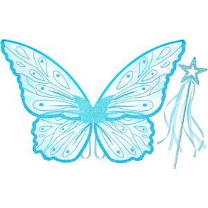 VEKDA Fairy Wings for Girls Women with Magic Fairy Wand Butterfly Costume Accessories for Halloween Cosplay Party (Blue)