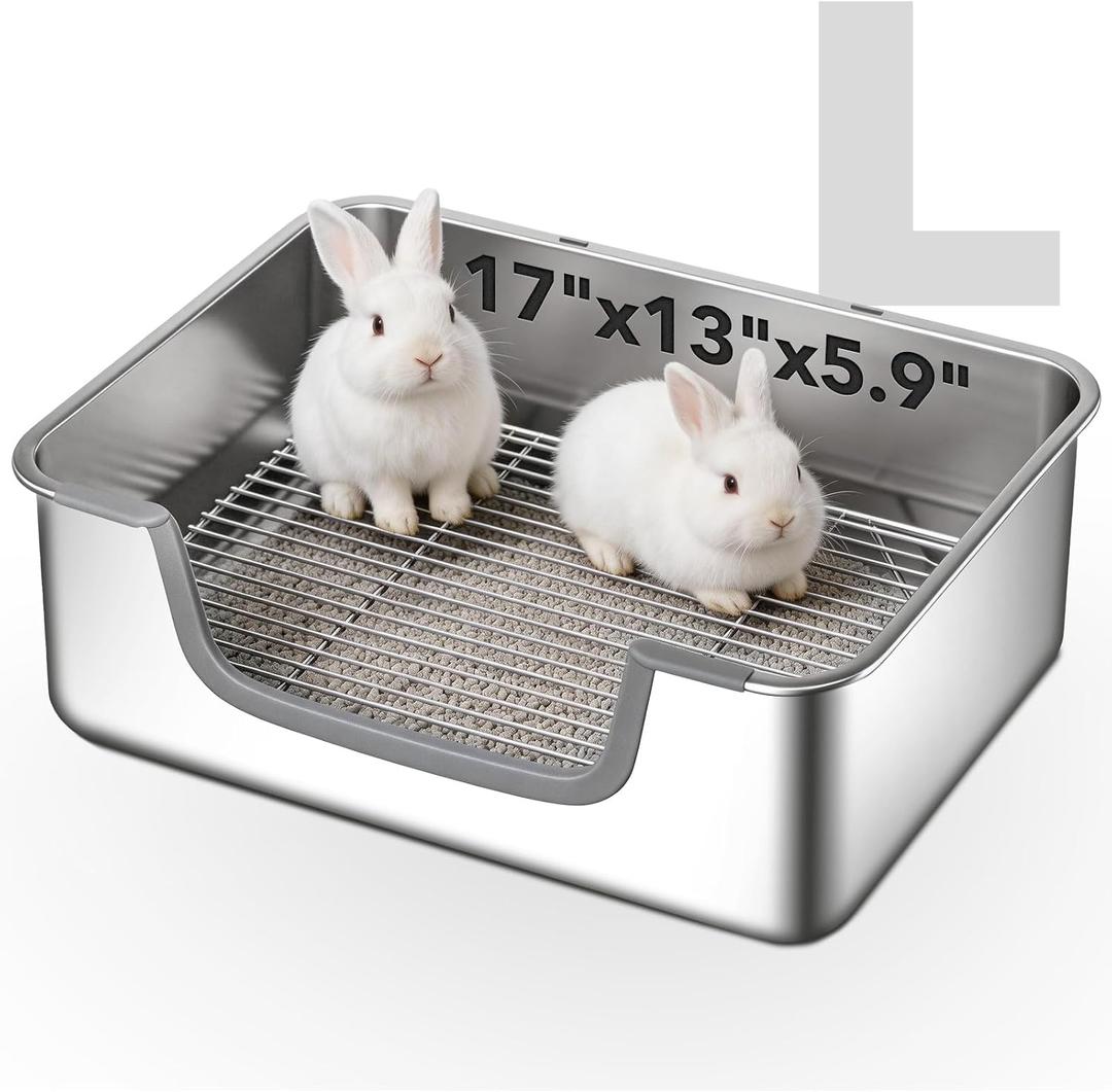 Large Rabbit Litter Box Stainless Steel Bunny Litter Box Sifting, Non-Chewable, Easy to Clean & Odor Control 17.2 x 13.4 x 5.9 inch