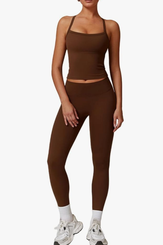 Workout Sets for Women 2 Piece Padded Sports Bra Tank Top High Waist Leggings Sets Gym Yoga Work Out Clothes Brown, Size M