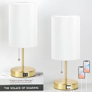 Lakumu 2 Sets Table Lamps with 2 USB, Minimalist Beside Lamps for Bedroom, Nightstand Lamp with Pull Chain, Desk Lamps with White Pleated Shade and Gold Metal Base for Living Room Dorm Reading Hotel (Whie)
