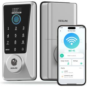 DESLOC WiFi Smart Lock D110 Plus, Built-in Wi-Fi No Hub Needed, Fingerprint Keyless Entry Door Lock, Touchscreen Keypad Deadbolt, Remote Control, Auto Lock, Anti-Peep PIN, BHMA, Compatible with Alexa (Silver)