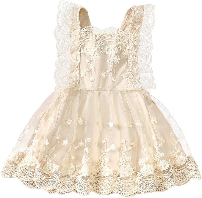 Newborn Baby Girl 1st Birthday Outfit Floral Lace Tulle Tutu Dress Cake Smash Boho Princess Toddler Summer Dresses, Beige, 12-18M