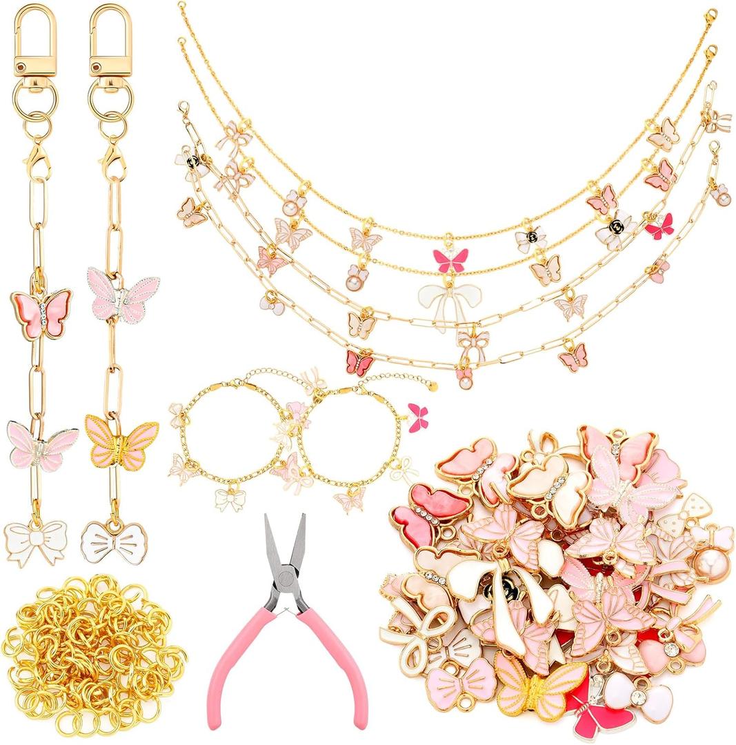 Quelay 91 Pcs Pink Bow Enamel Flat Charms Jewelry Making Kit Gold Keychain Making Kit for Necklace Choker Bracelet with Jewelry Pliers, Butterfly Bowknot Charms Pendants for Women DIY Crafts Supplies