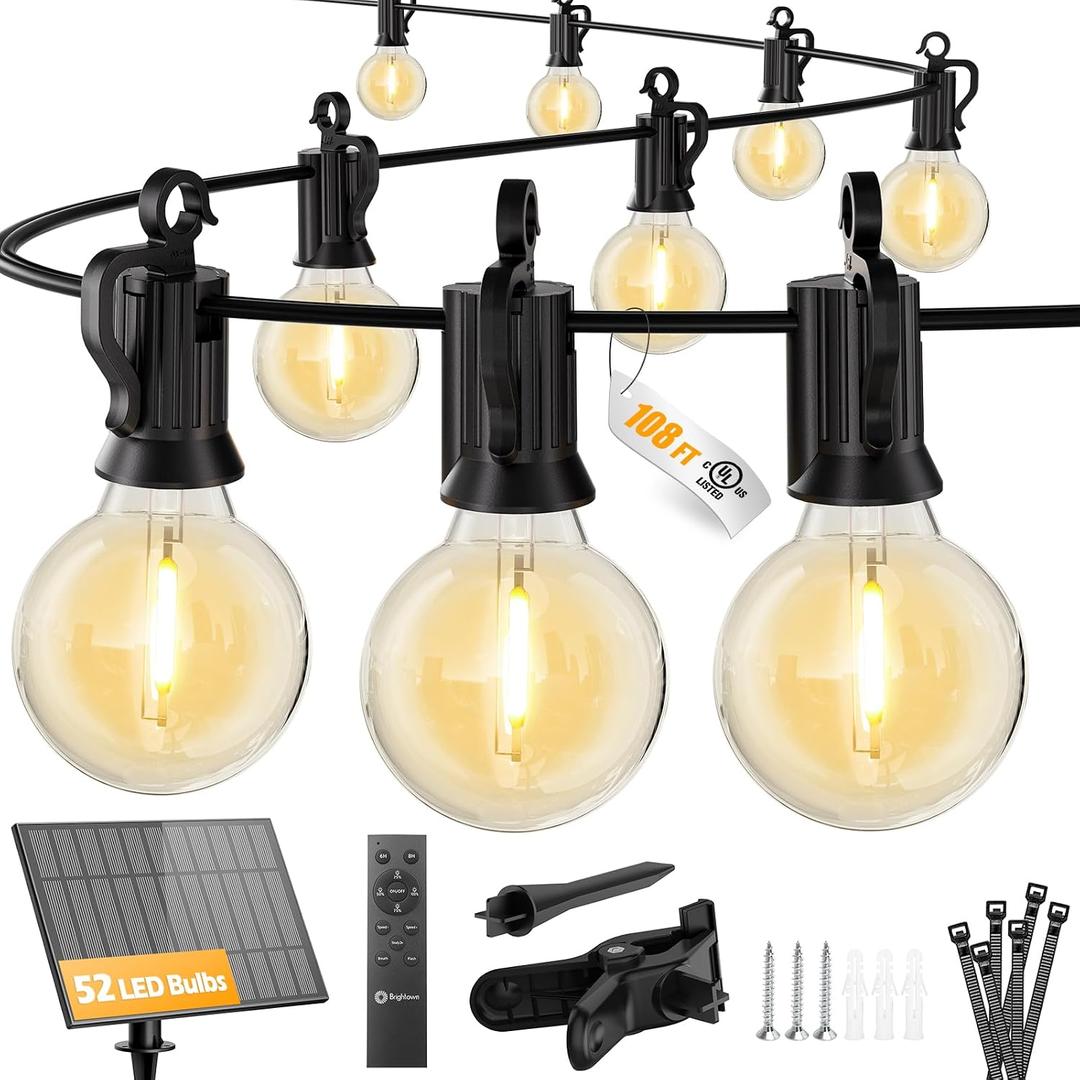 Brightown 108FT 52LED Solar String Lights Outdoor with Remote & USB Port, Shatterproof Bulbs, Dimmable & Timable, 3 Modes, Patio Lights Solar Powered with Mount Clips for Camping Backyard Garden Decor