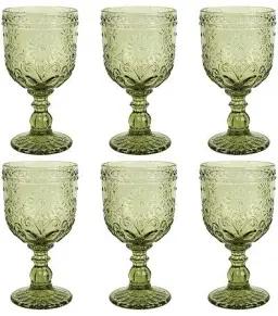 CHLJAR Vintage Wine Glasses Set of 6, 12 OZ Colored Glass Water Goblets, Embossed Floral Decorative Crystal Glass Cups Set, Dishwasher Safe, for Wedding, Party, Bars, Restaurants, Green