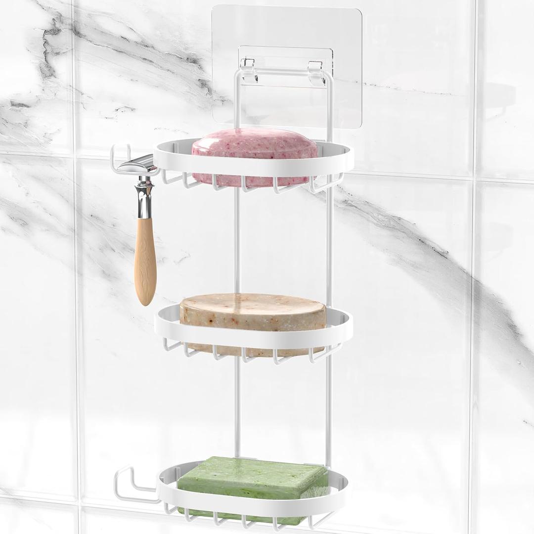 MASADI 3 Tier Soap Dish Holder, Soap Bar Holder with Hooks, Shampoo Bar Caddy for Shower Wall, Razor Holder for Shower, Bar Soap Container 304 Stainless Steel, Bathroom (White)