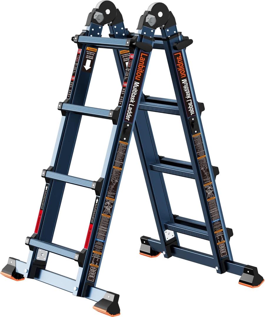 Ladder, A Frame 4 Step Ladder Extension, 14 FT Anti-Slip Multi Position Ladder, Storage Folding Ladder, 300 lbs Security Load Telescoping Aluminum Ladders for Stairs Home Indoor Outdoor Roof (14FT, Blue)