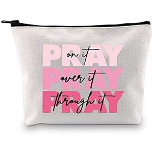 G2TUP Christian Gift Pray On It Pray Over It Pray Through It Prayer Cosmetic Bag And Travel Make Up Pouch With Zipper Power In Prayer Gift (Pray On It White Bag)