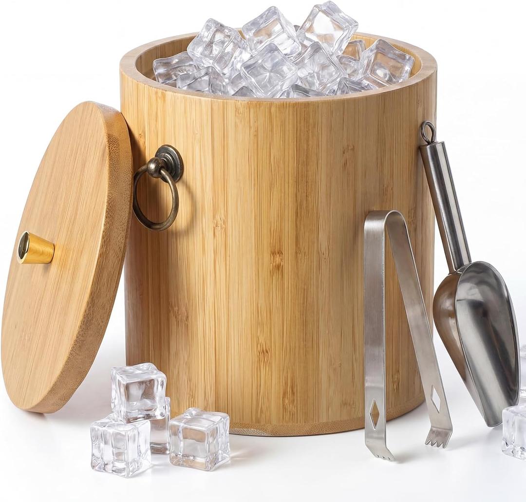 Honeydak 3L Bamboo Ice Bucket with Stainless Steel Interior, Insulated Ice Bucket with Lid & Handles, Includes Scoop & Tongs, for Champagne, Wine, Cocktails, Parties, Bars, Home, Outdoor