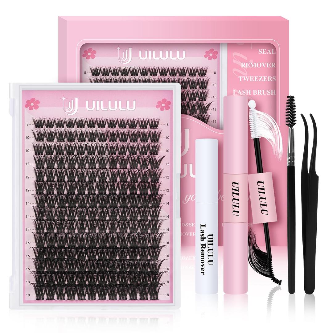UILULU DIY Lash Extension Kit 168 Count Individual Lash Clusters D Curl Clusters Lashes, Lashes Kit with Lash Bond & Seal, Lash Remover, Lash Tweezers, and Lash Brush D Curl-0.07-8-18MM (U03 Lash Kit)