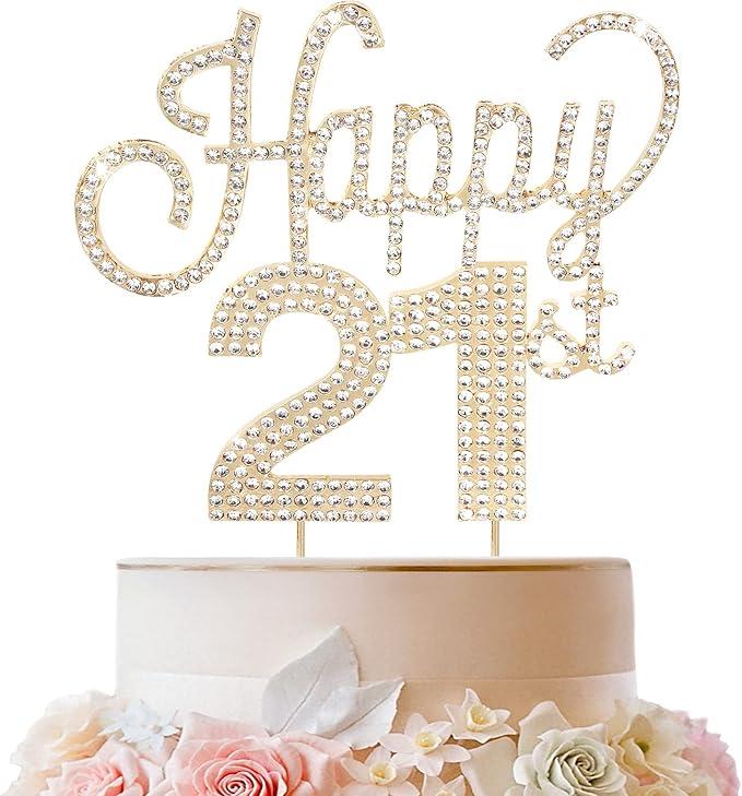 Happy 21st Birthday Gold Rhinestone Cake Topper - Cheers to 21st Birthday 21 Years Old Party Cake Centerpieces Topper Decorations Gift Sign.