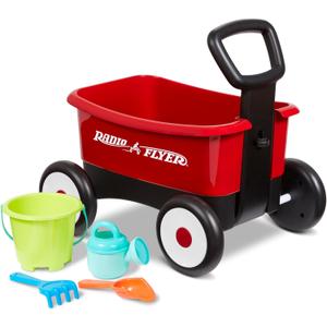 Radio Flyer My 1st Wagon 2-in-1 Walker & Pull Wagon with Beach and Garden Tools for Toddlers Ages 1-4, Red