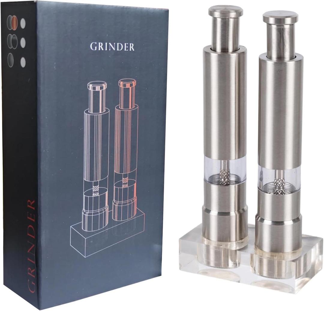 Stainless Steel Salt and Pepper Grinder Set, Manual Refillable Peppercorn Mills with Push Button, Thumb Grinder, Sliver White, 2 Pcs
