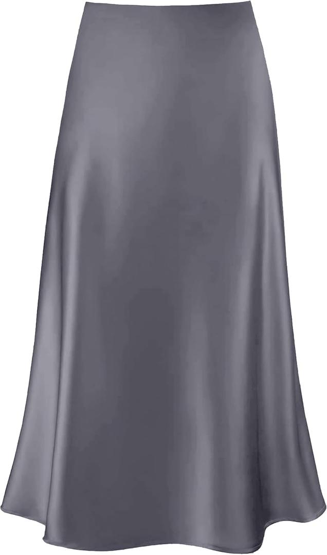 Women's Satin Midi Skirt A Line Silk Long Skirt (Gray, L)