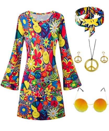 Girls Kids 60s 70s Hippie Costume Dresses Disco Outfits Party Clothes with Necklace Earrings Sunglas , Size XXL