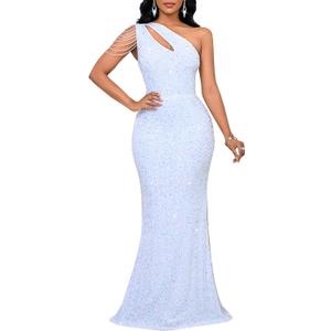 Cololura Women Sequin Elegant Sexy One Shoulder Tassel Mermaid Bodycon Cocktail Evening Dress