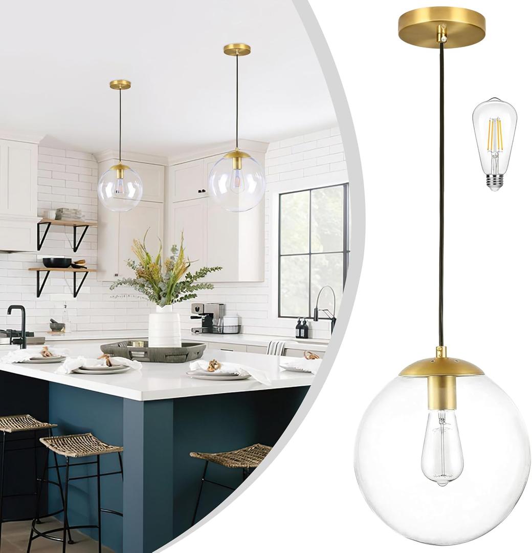 KoKo&Yukina 10" Globe Pendant Light Gold Mid Century Pendant Glass Globe Light Fixture Mid Century Modern Light Fixture Brushed Brass Finished with Clear Glass Lampshade for Dining Room Bedroom, 10 inch - standard