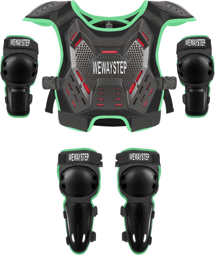 Kids Dirt Bike Gear Chest Protector Motocross Gear Motorcycle Body Armor Vest Youth Riding Gear Knee Shin Guard Elbow Pads for Cycling Ski Skateboard Skating Off-Road MTB ATV (Green)