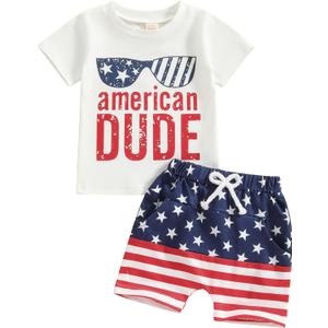 Springcmy Toddler Baby Boy Girl 4th Of July Outfits Set Independence Day Short Sleeve T-shirt Shorts Set Summer 2Pcs Clothes (18-24 Months)
