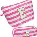 Gosect Initial Makeup Bag Personalized Stripe Cosmetic Bag Cute Waterproof Travel Toiletry Bag Birthday Gifts for 10 11 12 13 14 15 16 Years Old Teen Girl Gift Trendy Stuff (Pink E)