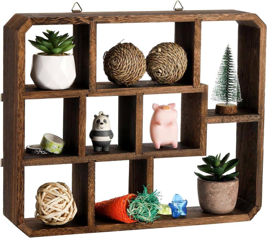 Frcctre Rustic Shadow Box Display Shelf, 9 Compartments Wood Hanging Display Floating Shelves, Multi-Slot Wall Mounted or Freestanding Farmhouse Decor Displays Case