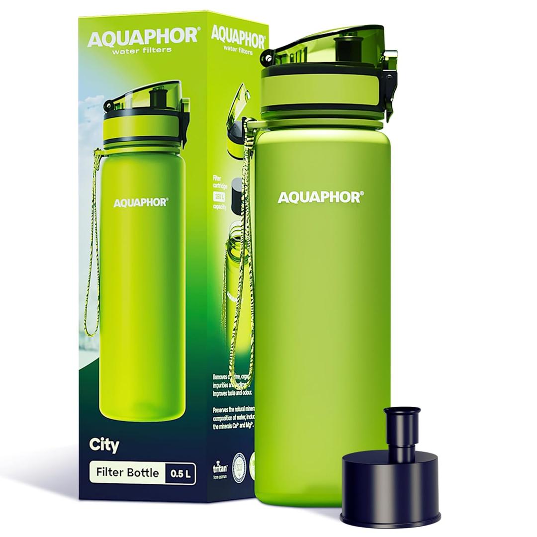 AQUAPHOR City Filtered Water Bottle in Tritan BPA-free - Portable with Integrated Water Purifying Filter 500 ml - Green (16.9 Ounces)