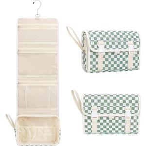 Relavel Travel Hanging Toiletry Bag for Women, Large Capacity Wash Bag with 360 degree Rotation Hanging Hook, Portable Toiletries Makeup Organizer Storage for Daily Use, Trip, Camping - Green Plaid (1 Pack)