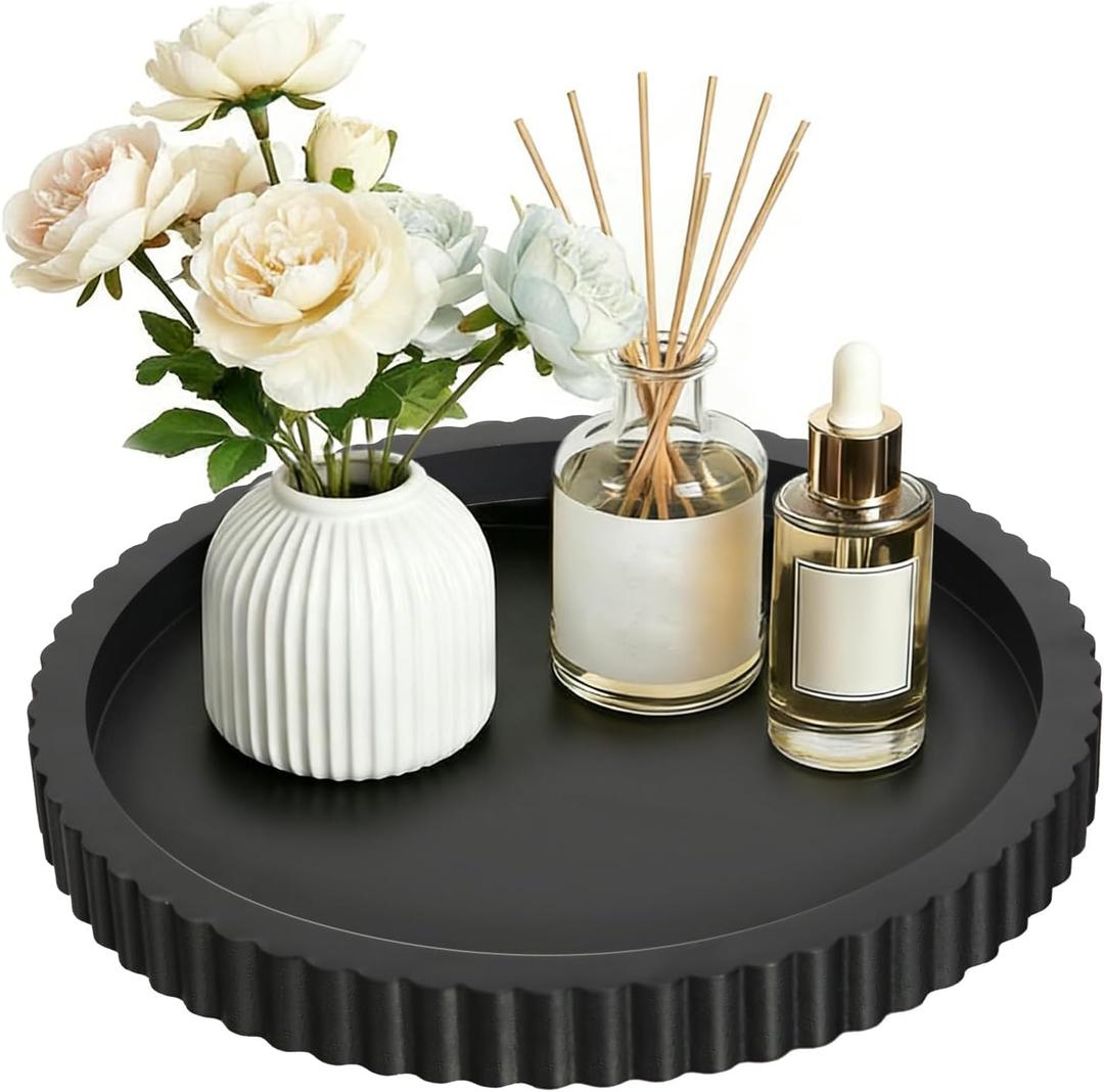 Handmade Tray for Coffee Table Decor, 12in Black Round Coffee Table Tray, Wooden Centerpiece Decorative Trays for Home Decor, Perfume Decorative Tray for Living Room, Bedroom, Bathroom