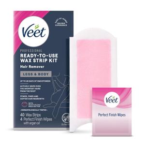 VEET Sugar Wax Strips For Women's Body Hair Removal, Bikini Hair Removal Kit, Pubic, Dermatologically Tested For Body & Intimate Areas, 40ct Wax Strips with Shea Butter & 4ct Wipes (44 Count (Pack of 1))