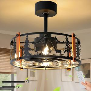 Rustic Farmhouse Ceiling Fan with Light, 18.9" Caged Fandelier with Forest & Deer Design, 6-Speed Reversible Quiet Motor, Remote Control, Vintage Chandelier Ceiling Fan for Bedroom Living Room Kitchen