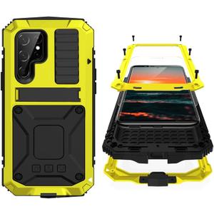Compatible with Samsung S23 Ultra Metal Military Case with Stand Screen Protector Camera Protection Rugged Heavy Duty Shockproof Full Body Cover Tough Dustproof for Men (Yellow)