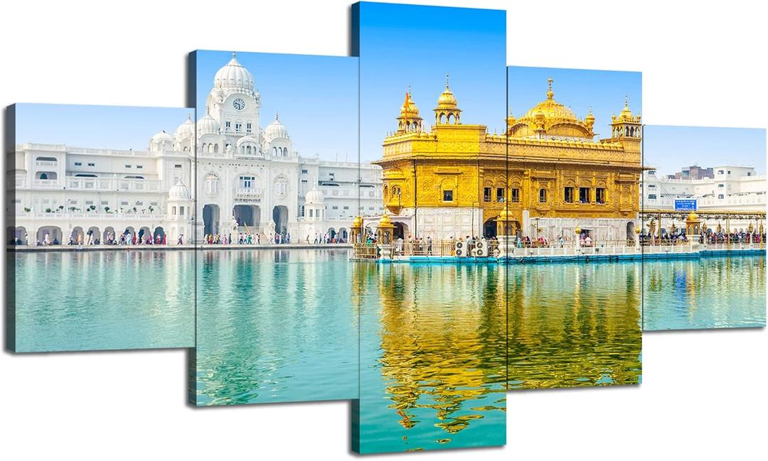 Artbrush Tower Golden Temple Wall Art Sikh Religious Wall Decor Canvas Print Amritsar Sikhism Painting Sikh Temple Picture Framed Poster Home Living Room Decoration(60''Wx32''H) (60Lx 32W-01)