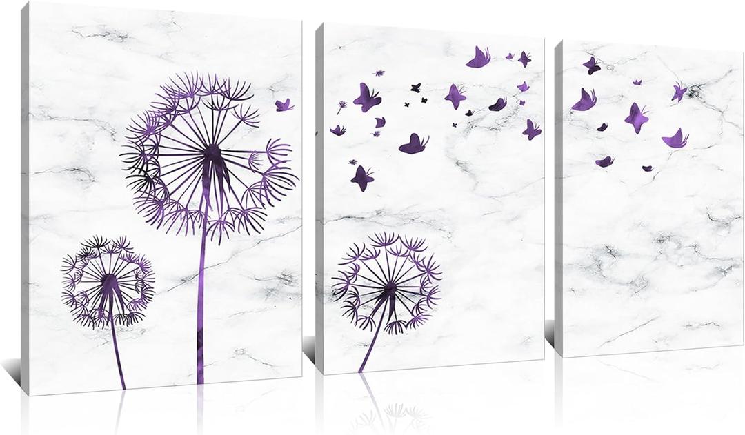 Kalormore Abstract Purple Dandelion with Butterflies Picture Canvas Wall Art Flowers Giclee Prints Floral Painting Artwork for Modern Living Room Home Office Bedroom Bathroom