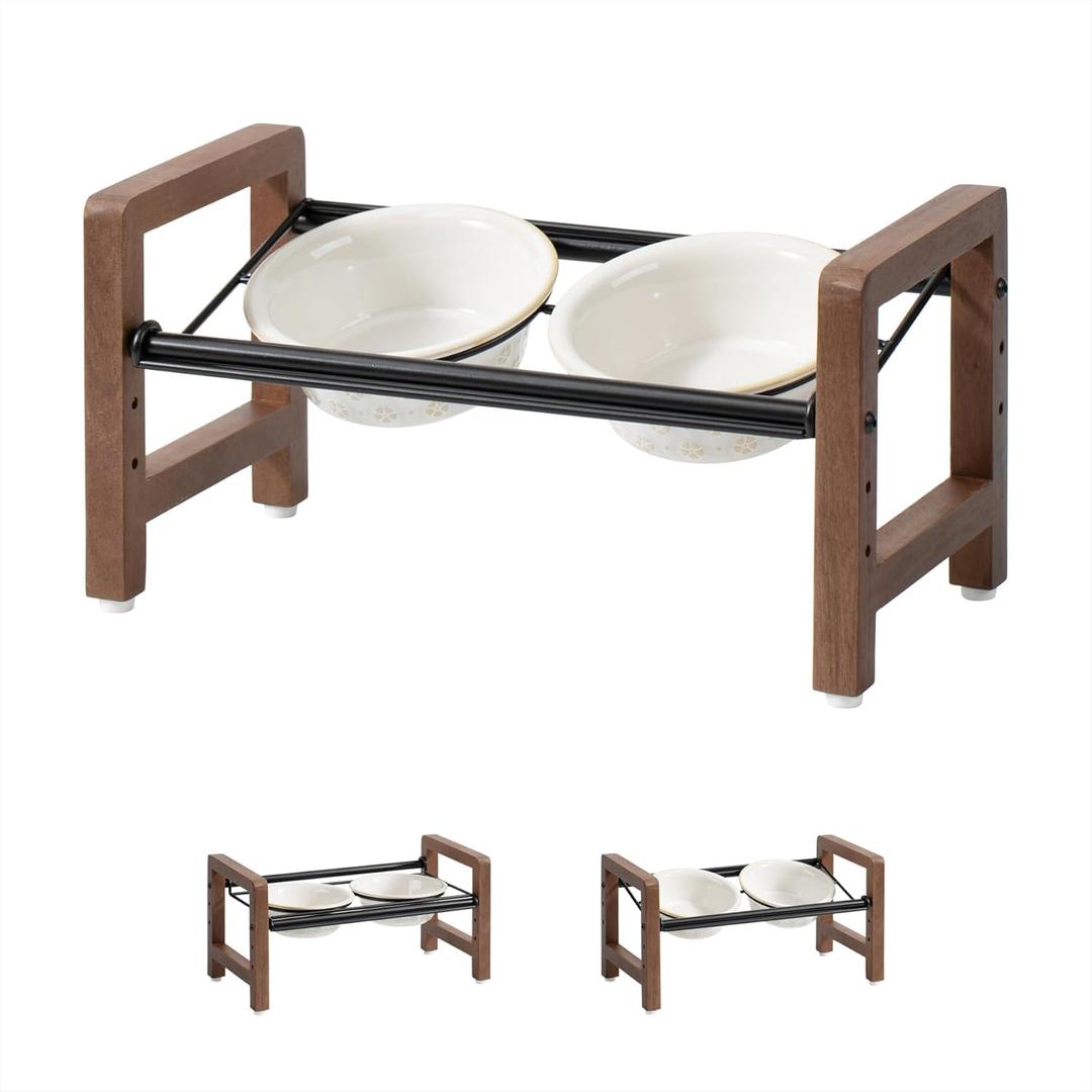 6.3inch Ceramic Adjustable Raised Double Bowls Set with Stand, 3 Heights Elevated, 2 Placement Options,Food and Water Bowls for Adult Cat Small and Medium Dog(Reactived Glaze -White)
