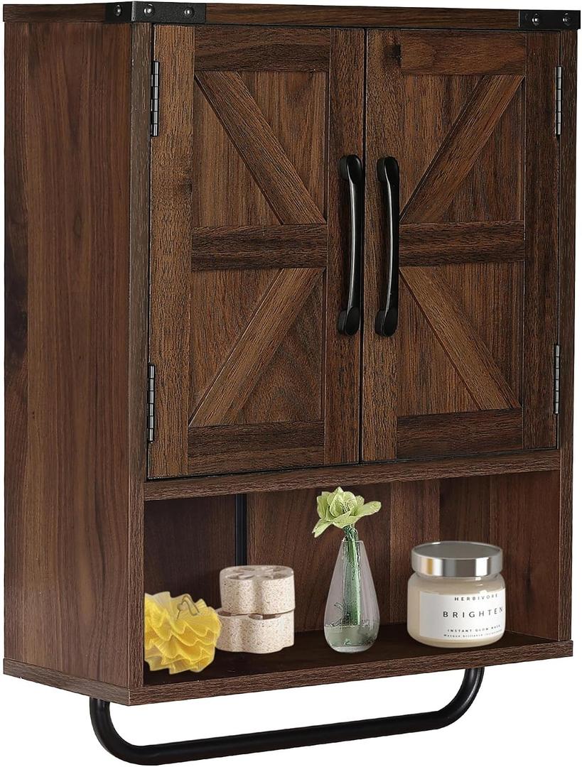 RUSTOWN Farmhouse Wall Storage Cabinet with Two Barn Door, Rustic Mounted Medicine Cabinet with Adjustable Shelf and Towel Bar, 3-Tier Wood Cabinet for Kitchen, Bathroom, Living Room (Dark Walnut), 18.9 Inches X 26.3 Inches X 7.87 Inches