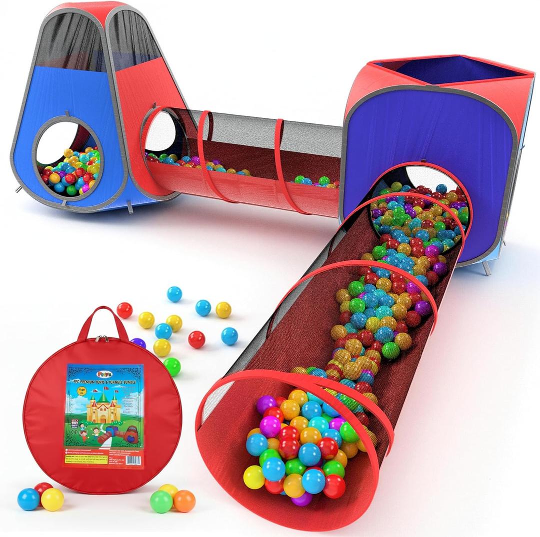 Playz 4pc Pop Up Play Tent and Tunnel Bundle for Toddlers and Kids - Indoor & Outdoor Playhouse with Storage Bag, Red & Blue