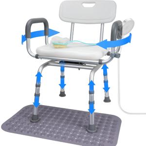 LUNYEE 360 Swivel Shower Chair for Elderly and Disabled Support 400lbs Non-Slip Sliding Shower Chair for Inside Shower with Bath Rug & Back Scrubber Bath Chairs for Seniors Tub with Arms and Back