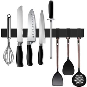 Black Magnetic Knife Strip for Refrigerator - Larger 17 inch Double Sided Stainless Steel Magnetic Kitchen Knife Holder with hooks for Wall/fridge - Strong Knife Strip Magnet/Knife Rack/Knife Bar