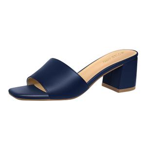 PIZZ ANNU Women's Square Open Toe Heels Sandals Low Block Chunky Heeled Sandal Slip on Mules Comfortable Casual Dress Pumps Shoes, Navy 8.5