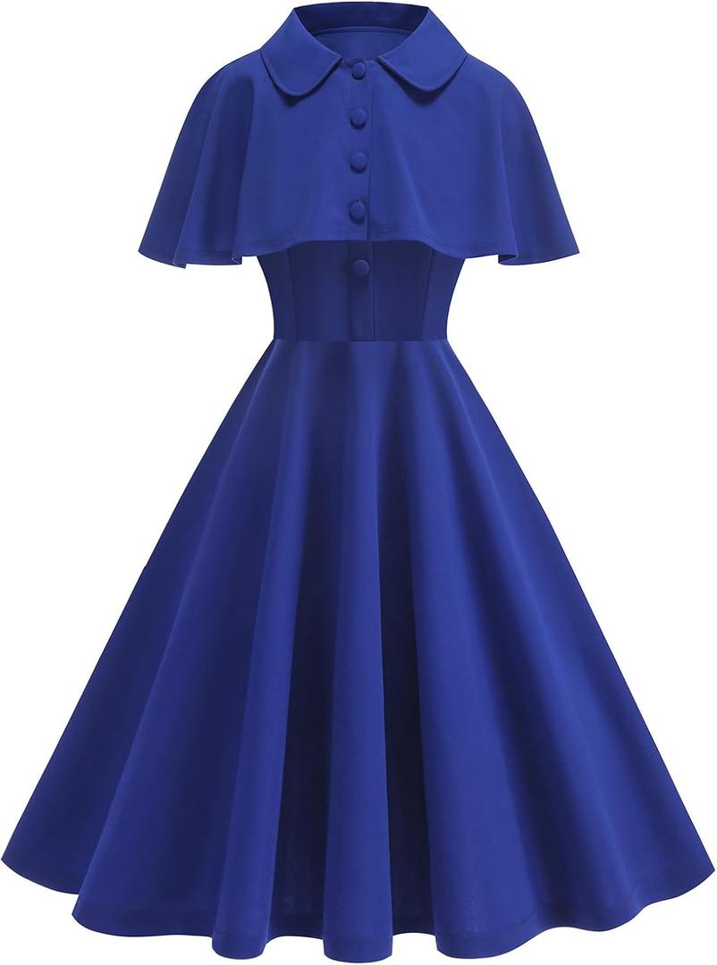 1950s Vintage Cocktail Dresses for Women Wedding Guest Church Modest Party Prom Dress with Shrug Peter Pan Collar Retro 50s Style Dresses for Women Formal Homecoming Rockabilly Dress Royal Blue XL