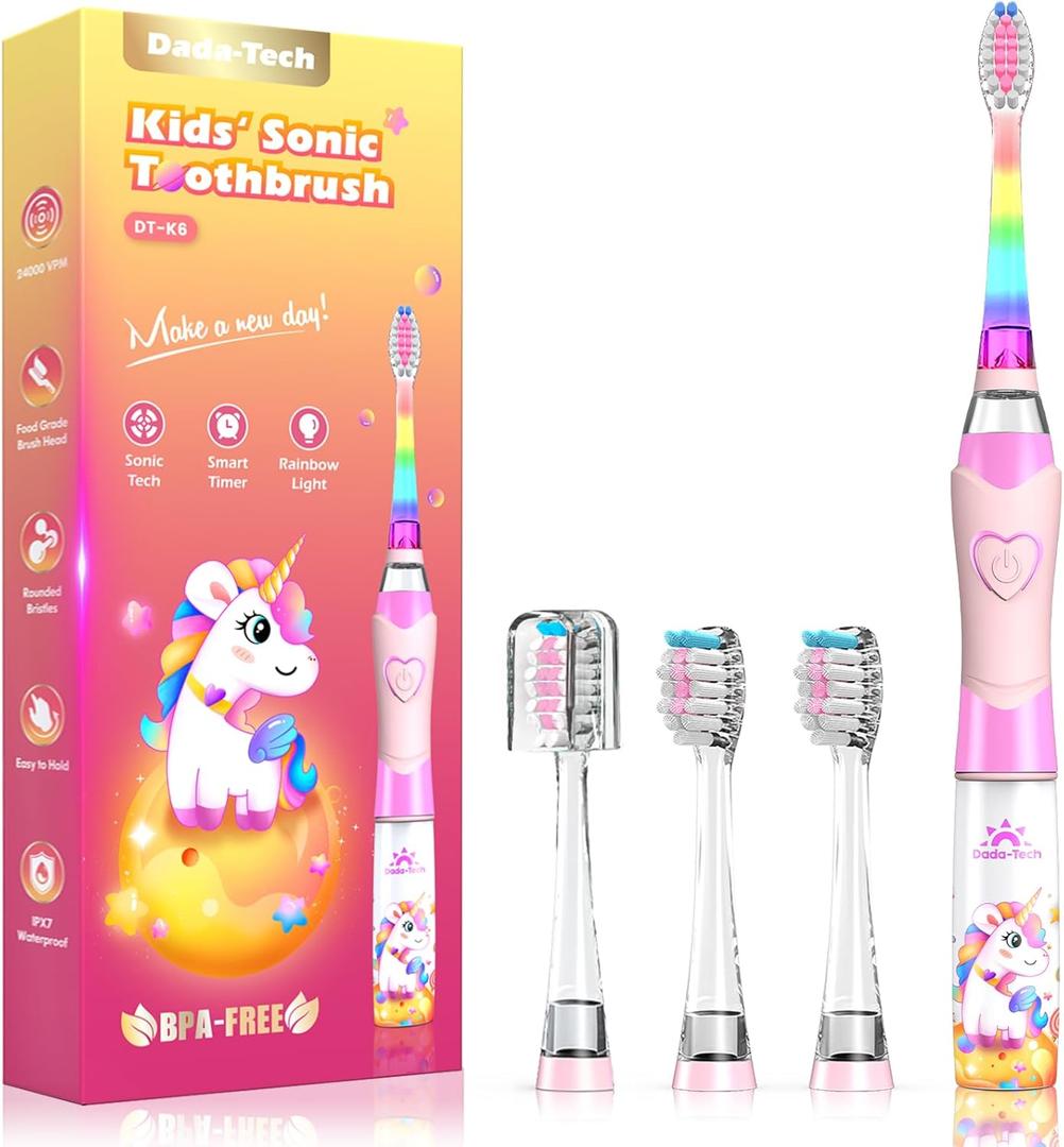 Kids Electric Toothbrush Toddler Toothbrush Age 2-4-8-12 Electric Toothbrush Kids with Timer Rainbow LED Light Up Vibrating Toothbrush Battery Operated Childrens Girls Sonic Tooth Brush (Pink Unicorn)