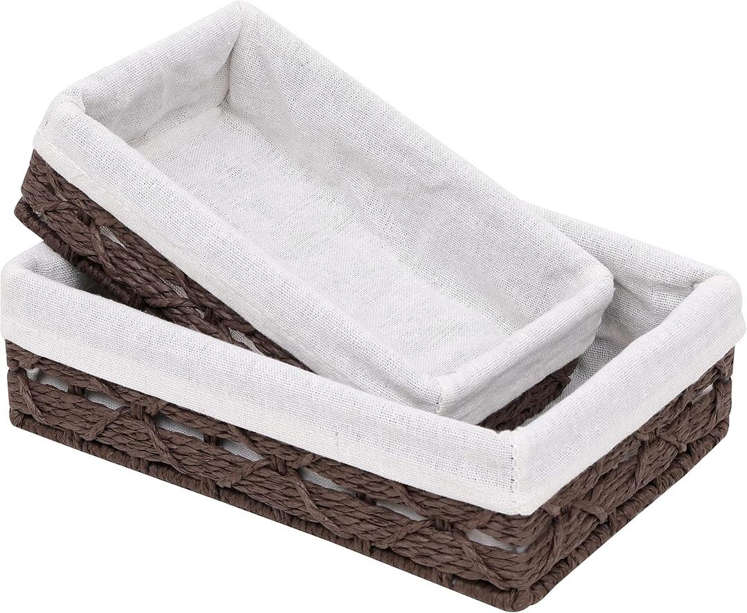 Small Storage Basket With Liner,Wicker Decorative Basket for coffee table,RectangleTray,Bathroom Countertop Organizerrectangle Kitchen Drawer Organizer Storage Set of 2 Brown