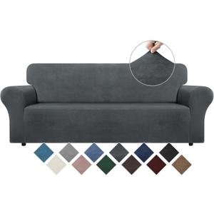 WEERRW Velvet Couch Cover for 3 Cushion Couch Covers - Stretch Sofa Slipcovers with Non Skid Foam and Elastic Bottom, Furniture Protector for Pets, Crafted from Soft Plush Fabric, Dark Grey, Large