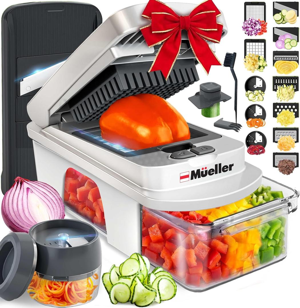 Mueller Pro-Series All-in-One, 12 Blade Mandoline Slicer for Kitchen, Food Chopper, Vegetable Slicer and Spiralizer, Cutter, Dicer, Grater, Kitchen Gadgets Sets with Container, White Sand/Gray