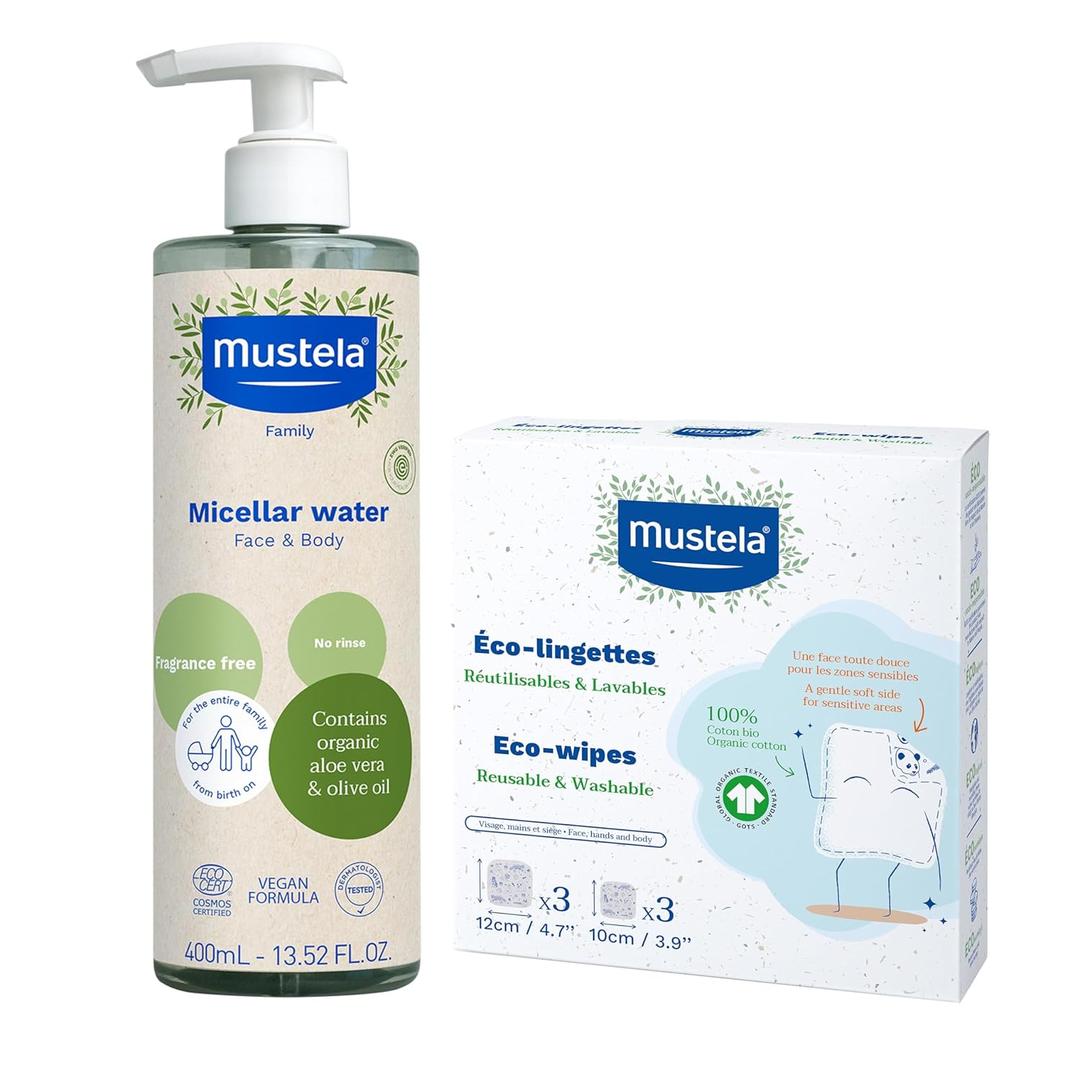 Mustela Certified Organic Micellar Cleansing Water & Reusable 100% Cotton Eco-Wipes Bundle - For Makeup Removal or Baby Quick Cleanups