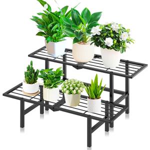 2 Tier Stackable Plant Stand Indoor Outdoor, Freestanding Tiered Folding Heavy Duty Metal Ladder Plant Shelf, Multiple Plant Pot Holder Display Rack for Living Room Garden Balcony Patio, Black