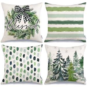 GEEORY Christmas Throw Pillow Covers 20x20 Inch Set of 4, Xmas Trees Wreath Blessed Polka Dot Striped Winter Holiday Farmhouse Decorative Cushion Cases for Home Decoration (Green) G628-20
